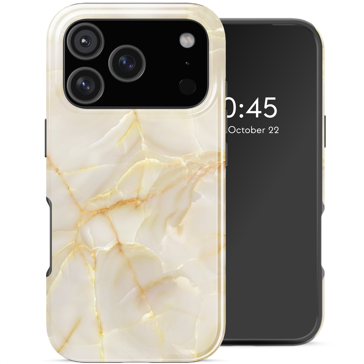 Een smartphone met een hoesje met marmerpatroon, waarop de tijd en datum worden weergegeven. De telefoon is wit en goud.
