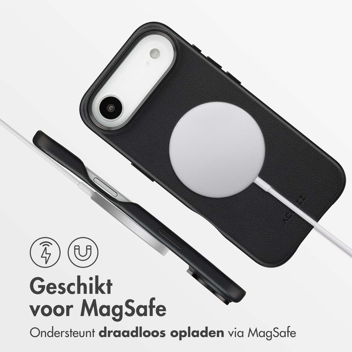 Zwarte telefoonhoes met witte MagSafe-oplader. Tekst: 'Geschikt voor MagSafe'. Ondersteunt draadloos opladen via MagSafe.