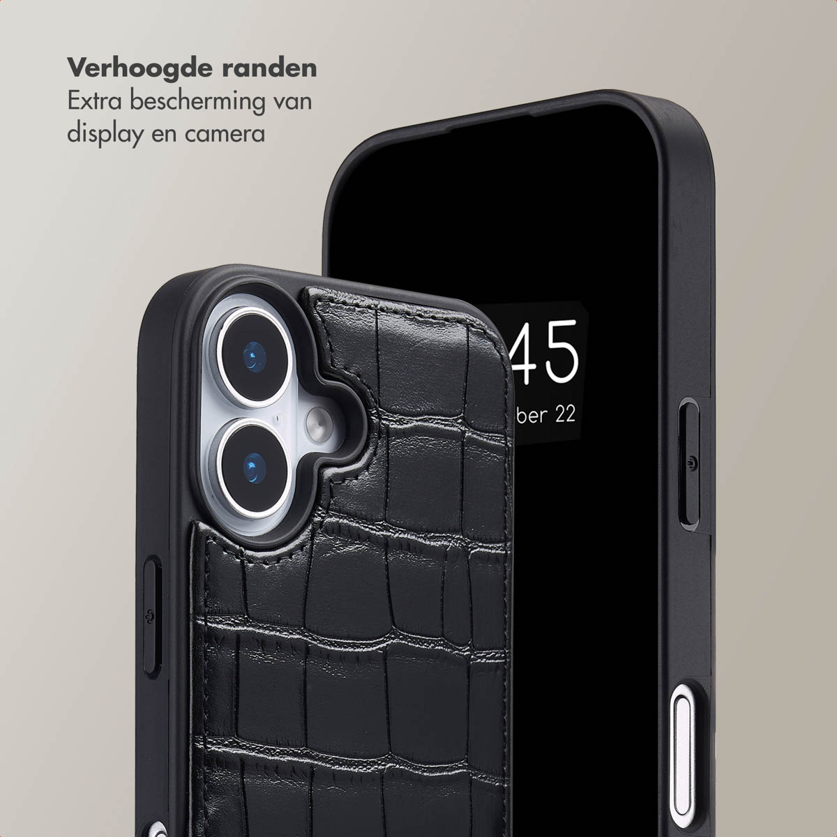 Zwarte telefoonhoes met krokodillenleertextuur, die een telefoon beschermt. Het scherm toont "45" en "ber 22".