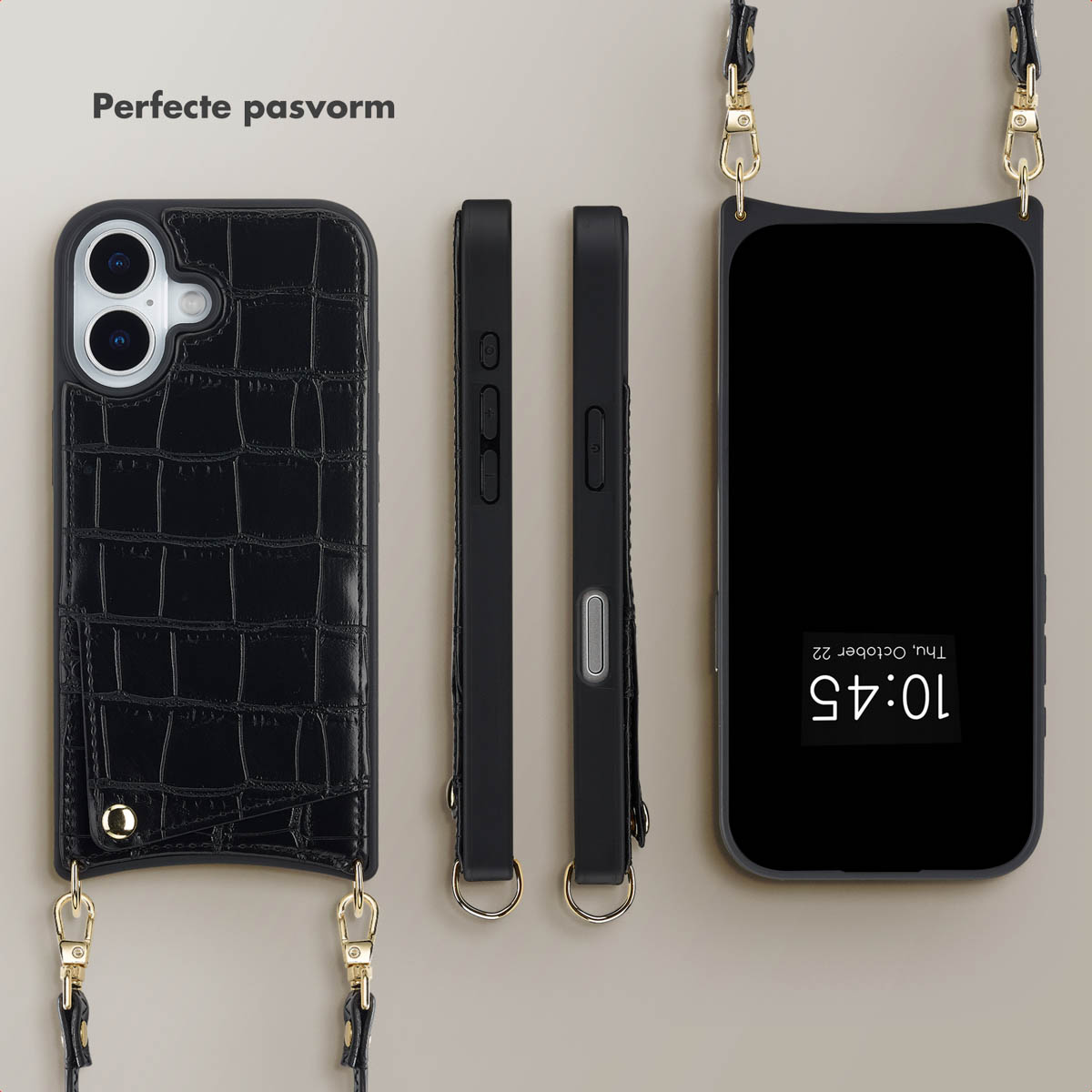 Drie telefoonhoesjes. Links: zwart, getextureerd. Midden: zwarte zijkanten. Rechts: telefoon met zwart scherm. Allemaal hebben ze bandjes.