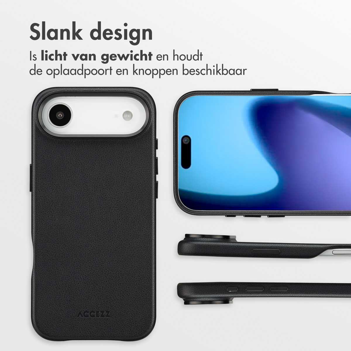 Een zwarte telefoonhoes, telefoonscherm en twee hoesonderdelen worden getoond. Boven staat 'Slank design'.