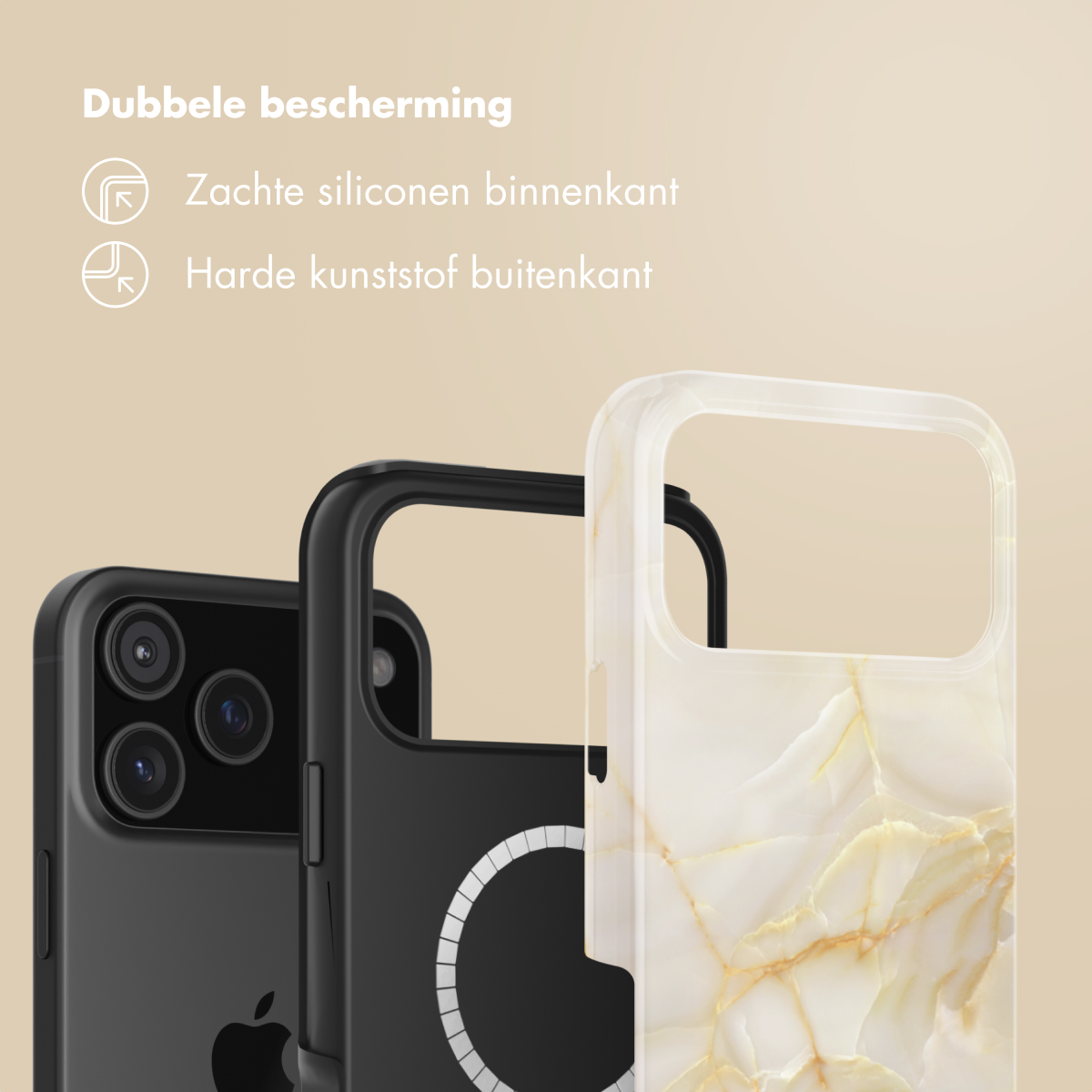 Afbeelding toont drie telefoonhoesjes: zwart, zwart met witte cirkel en wit marmerpatroon. Tekst legt dubbele bescherming uit.
