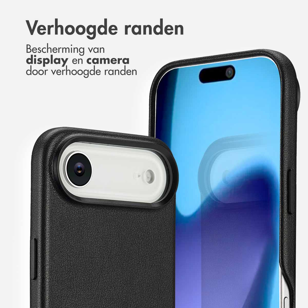 Close-up van twee smartphonehoesjes. Eén toont een cameralens, de andere het scherm. Zwarte hoesjes met verhoogde randen.