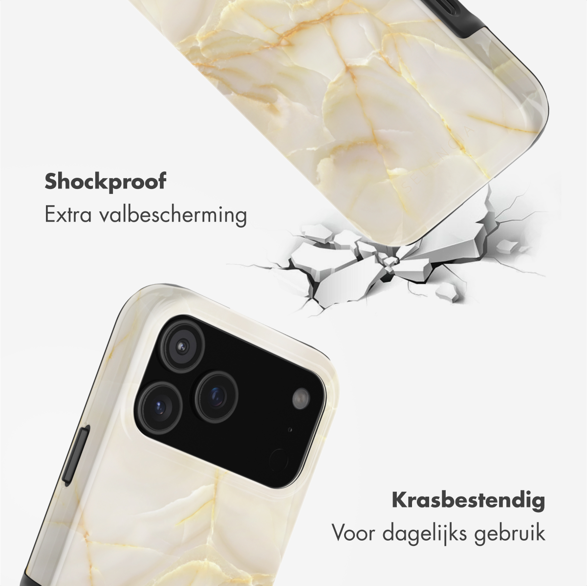 Telefoonhoesjes met marmer design. Een hoesje valt en breekt de grond. Tekst: Schokbestendig en krasbestendig.