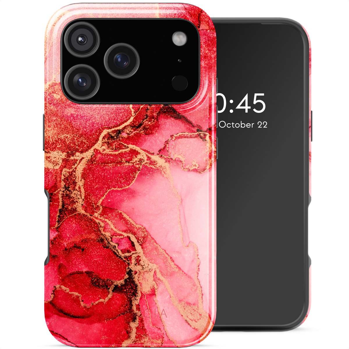 Un téléphone avec un étui en marbre rouge et or est affiché, affichant l'heure 0:45 et la date du 22 octobre sur son écran.