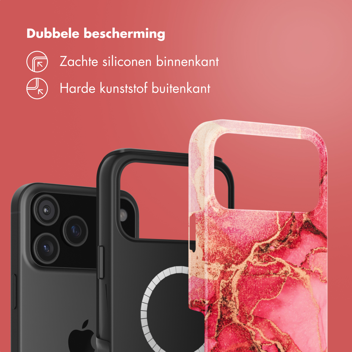 Drie telefoonhoesjes: zwart, zwart met witte cirkel en roze marmer. Tekst: 'Dubbele bescherming' en 'Zachte siliconen binnenkant'.