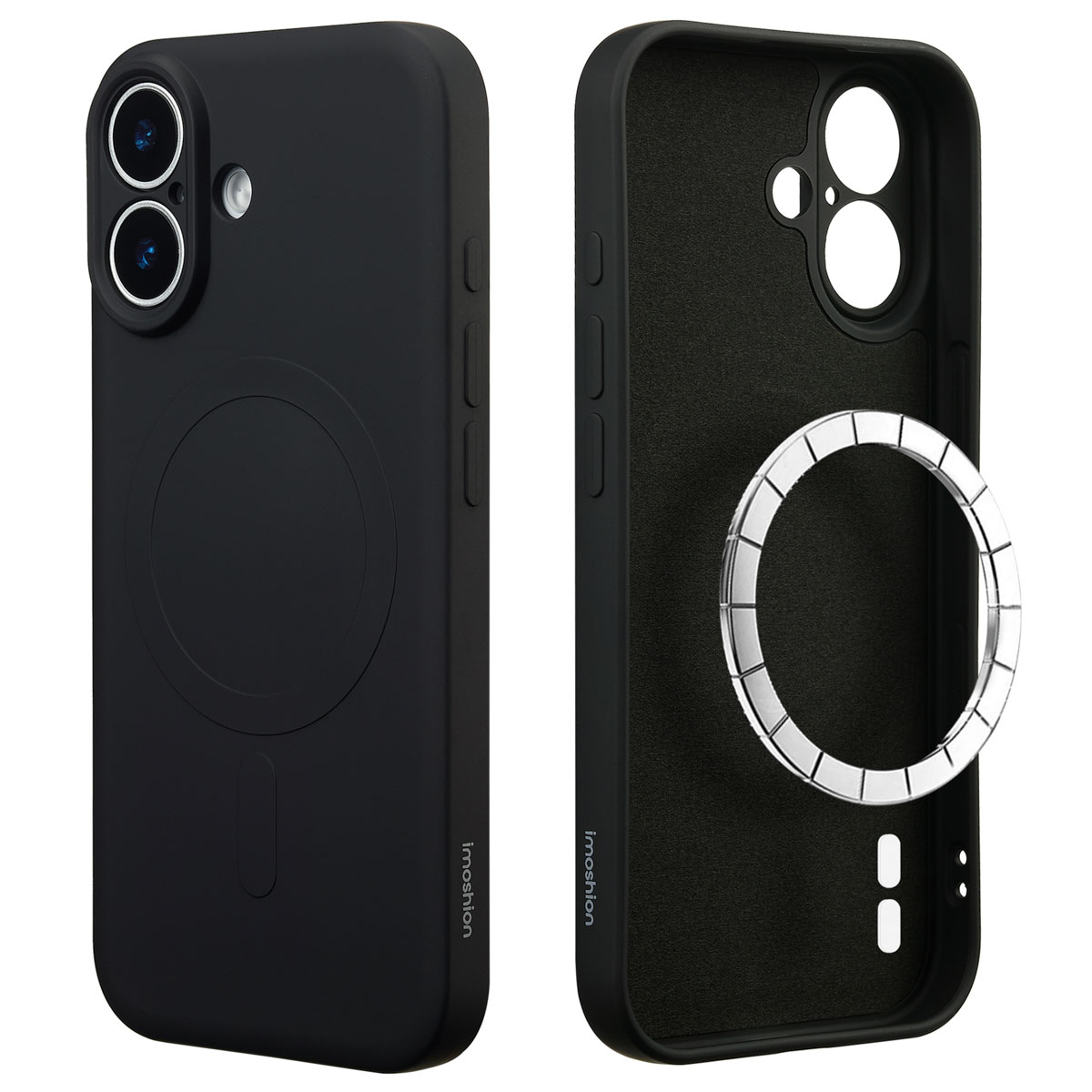 Deux coques de téléphone noires. L'une montre l'extérieur avec des découpes pour l'appareil photo et un anneau magnétique, l'autre l'intérieur.