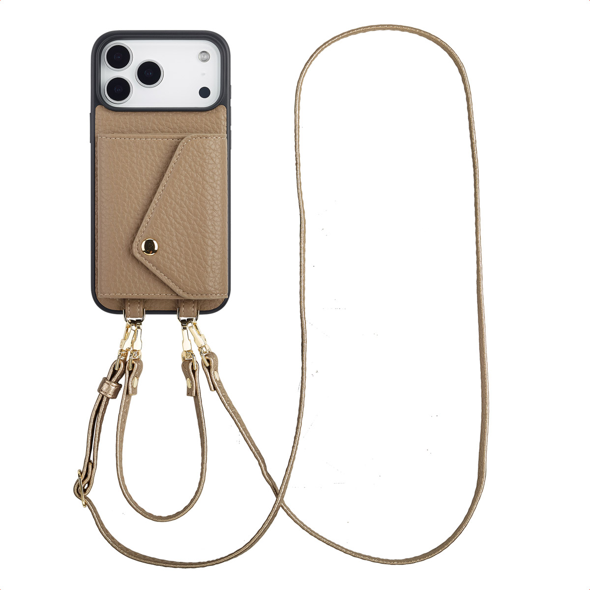 Un étui de téléphone avec une sangle. L'étui est beige avec un bord noir et une petite poche. La sangle est de la même couleur.