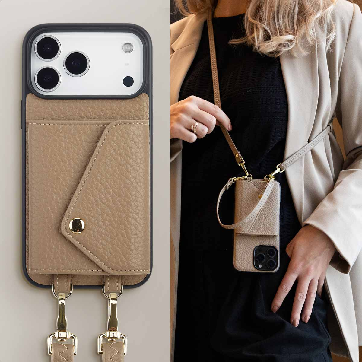 Une femme tient un étui de téléphone avec une sangle. L'étui est en cuir beige, avec un porte-cartes. Elle porte un haut noir et un blazer beige.