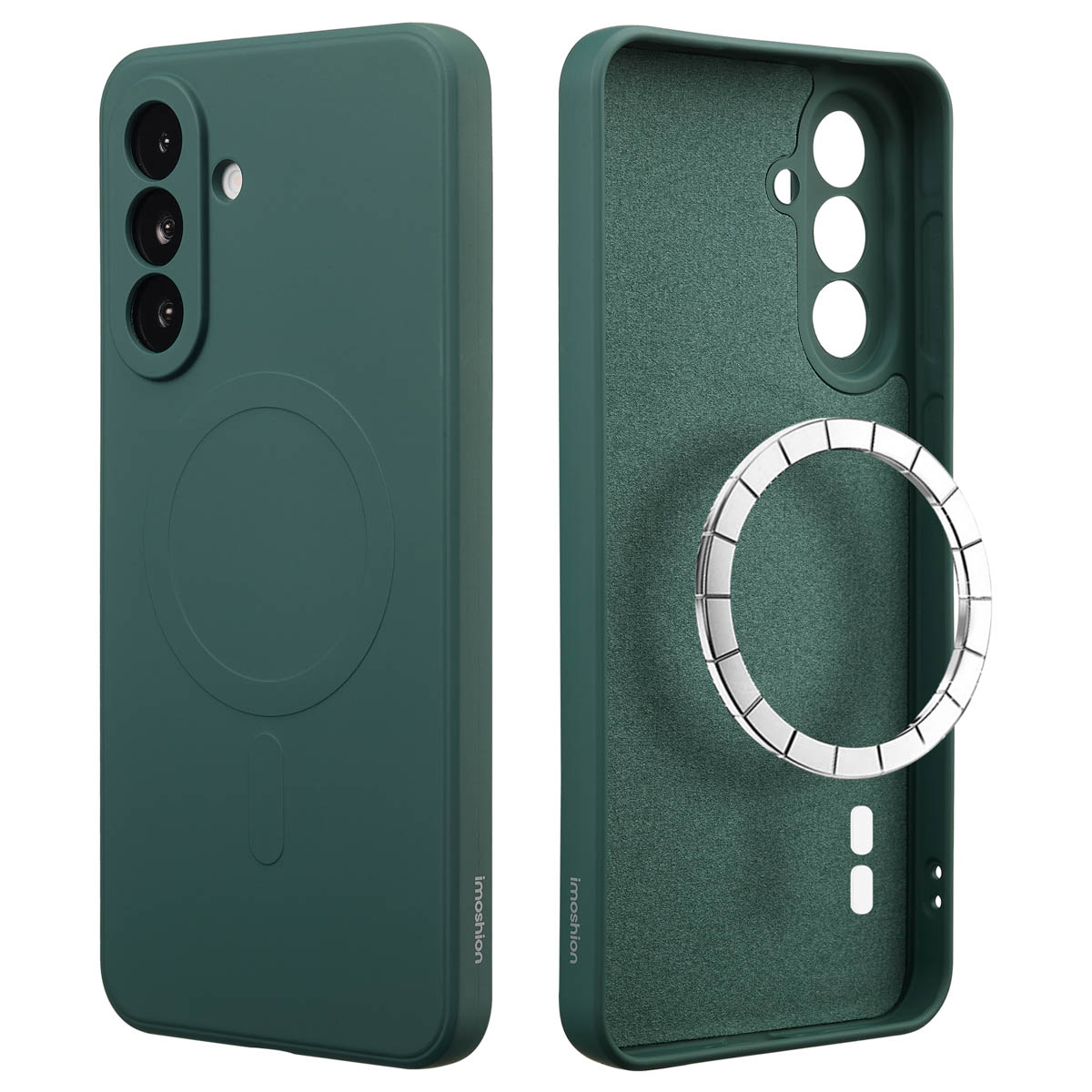 Deux coques de téléphone vert foncé, l'une montrant l'extérieur avec des trous pour la caméra et l'autre l'intérieur avec un anneau argenté.