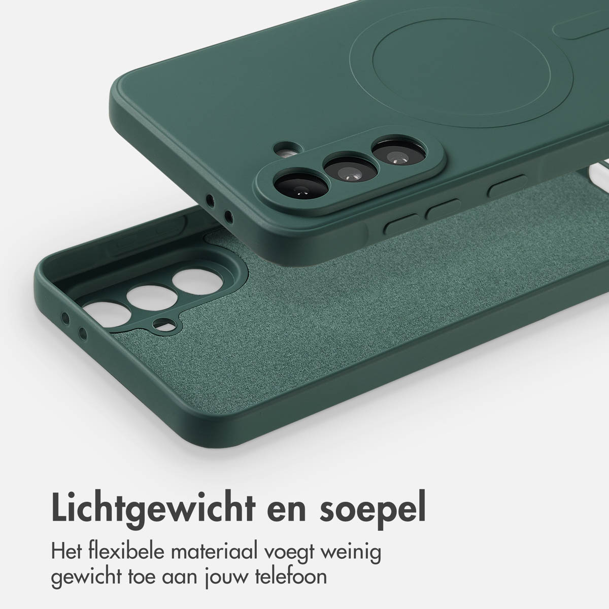 Coque de téléphone verte, moitié supérieure relevée, révélant l'intérieur. La coque a des découpes pour l'appareil photo, avec texte 'Lichtgewicht en soepel'.