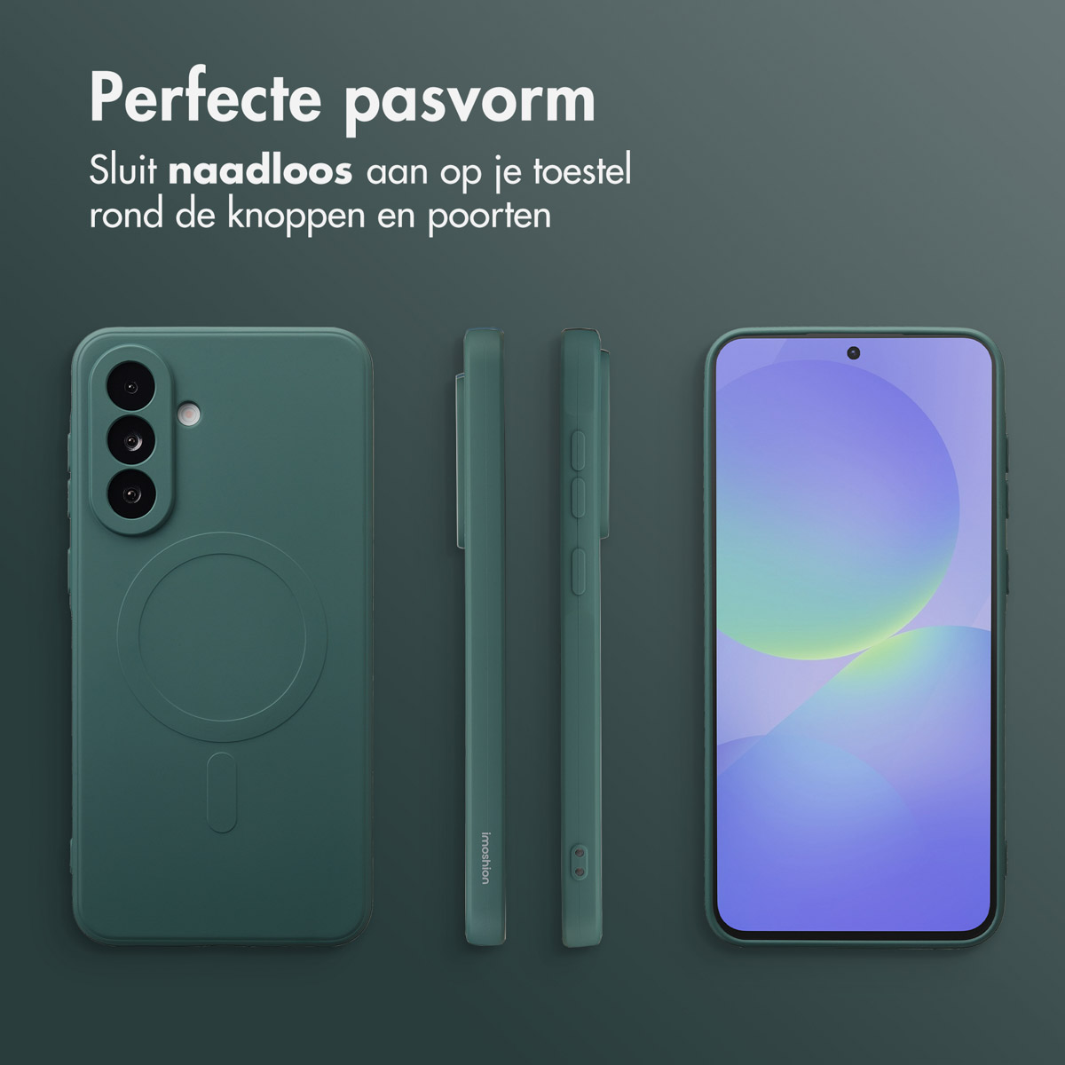 Coque de téléphone verte et téléphone affichés sous plusieurs angles. Texte néerlandais en haut : Ajustement parfait.
