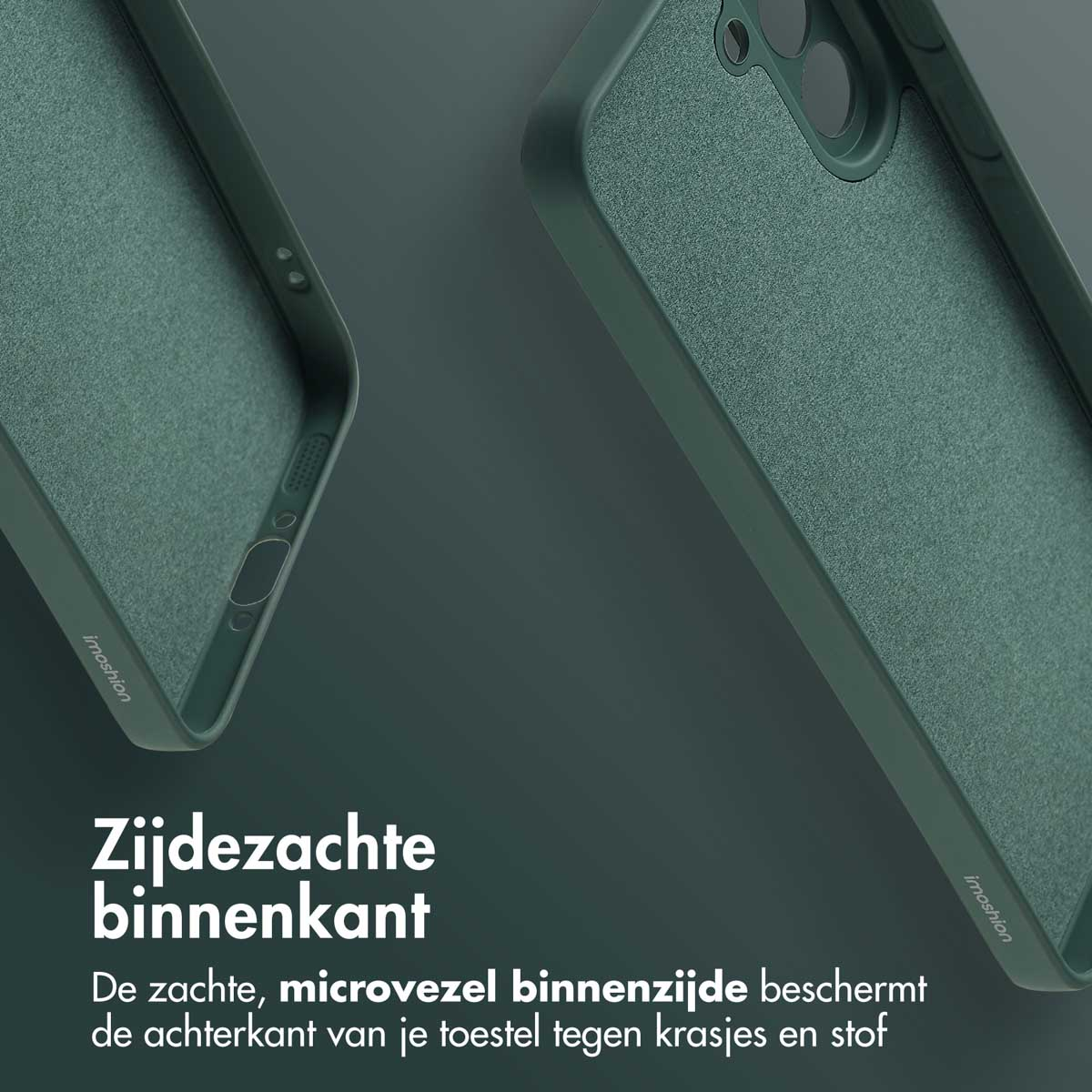 Close-up van groene telefoonhoesjes. Eén staat op de voorgrond en toont de binnenvoering. De achtergrond is een groene gradiënt.