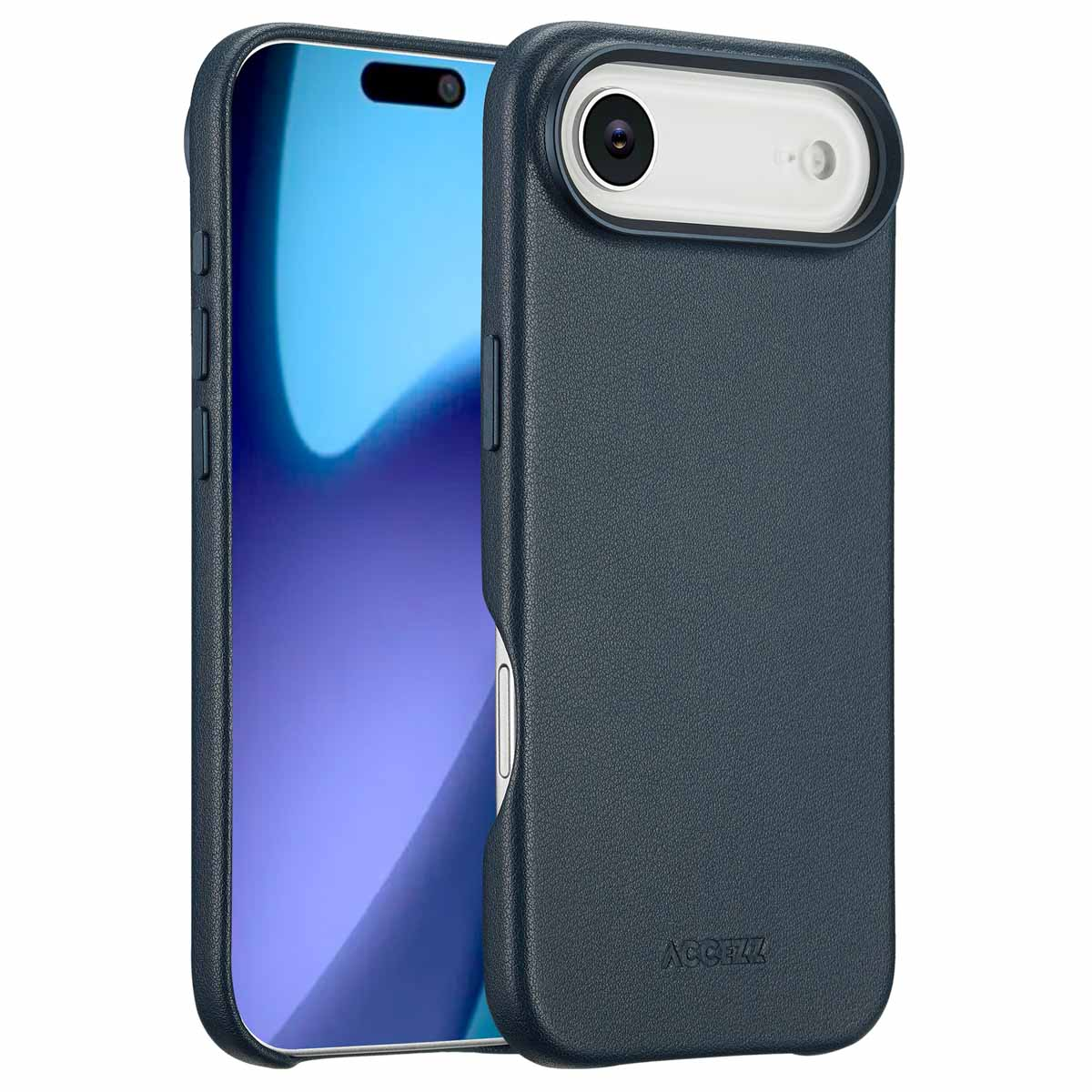 Een blauwe telefoonhoes met een telefoon erin, de hoes heeft een camerabeschermer en de merknaam staat op de hoes.