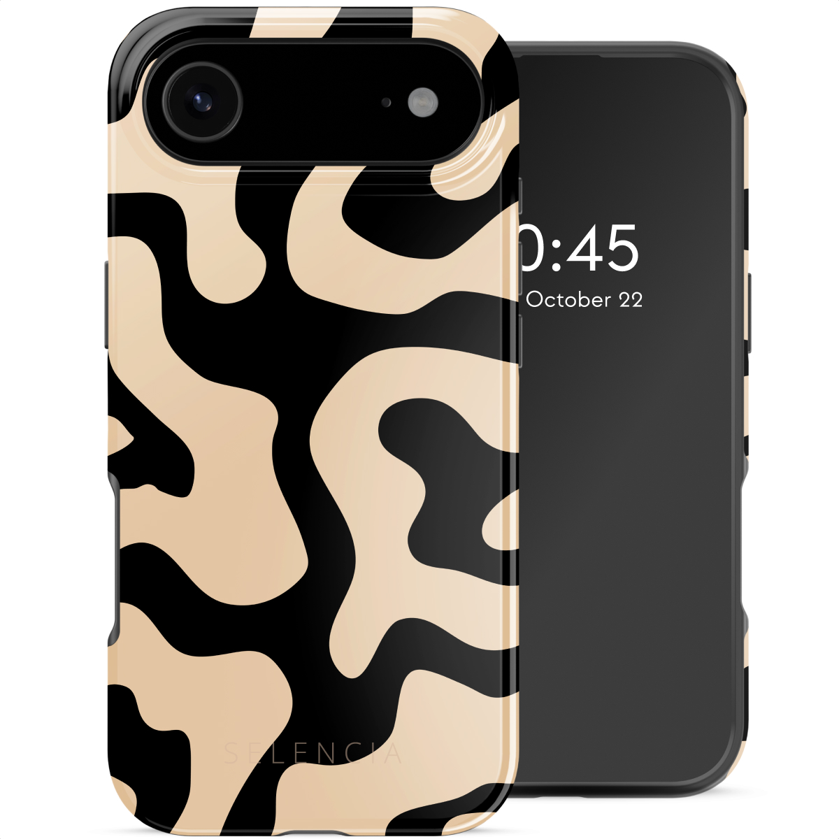 Een telefoon met een hoesje. De hoes heeft een zwart en beige abstract patroon. Het scherm toont de tijd en datum.