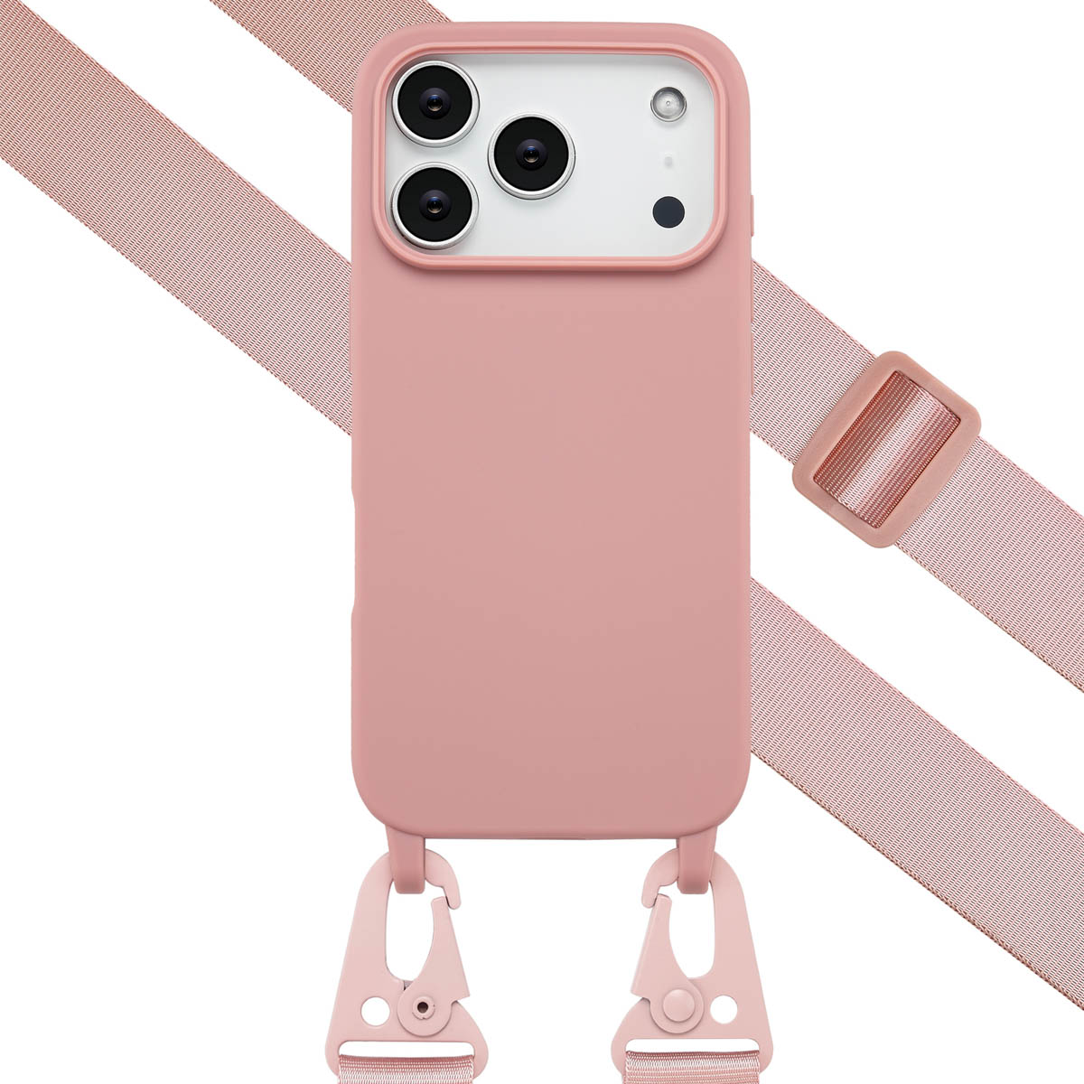 Een roze telefoonhoesje met een riem. De hoes heeft drie cameralenzen. De riem is bevestigd met haken en een gesp.