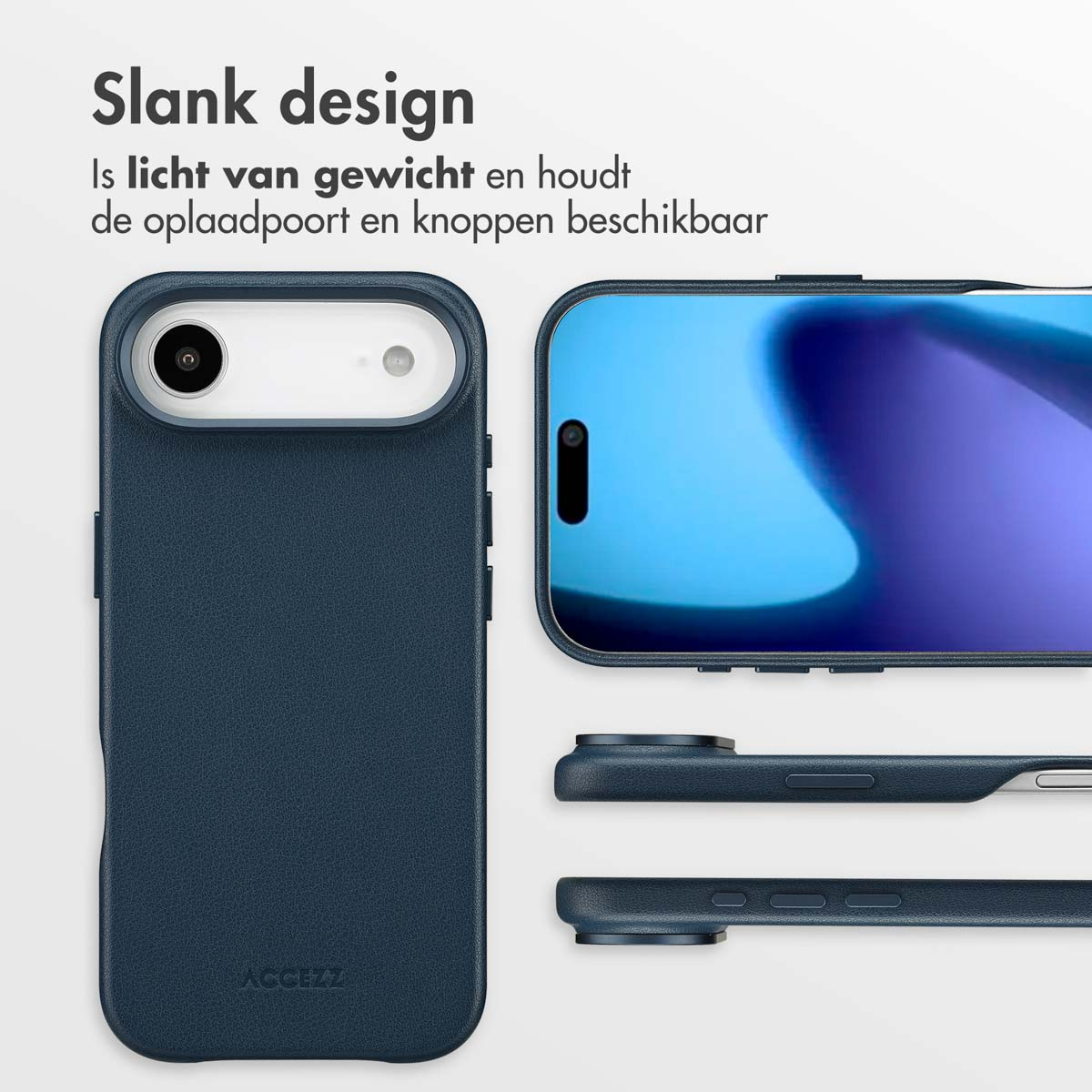 Blauwe telefoonhoes met een scherm met een blauwe gradiënt. Extra hoesonderdelen hieronder.