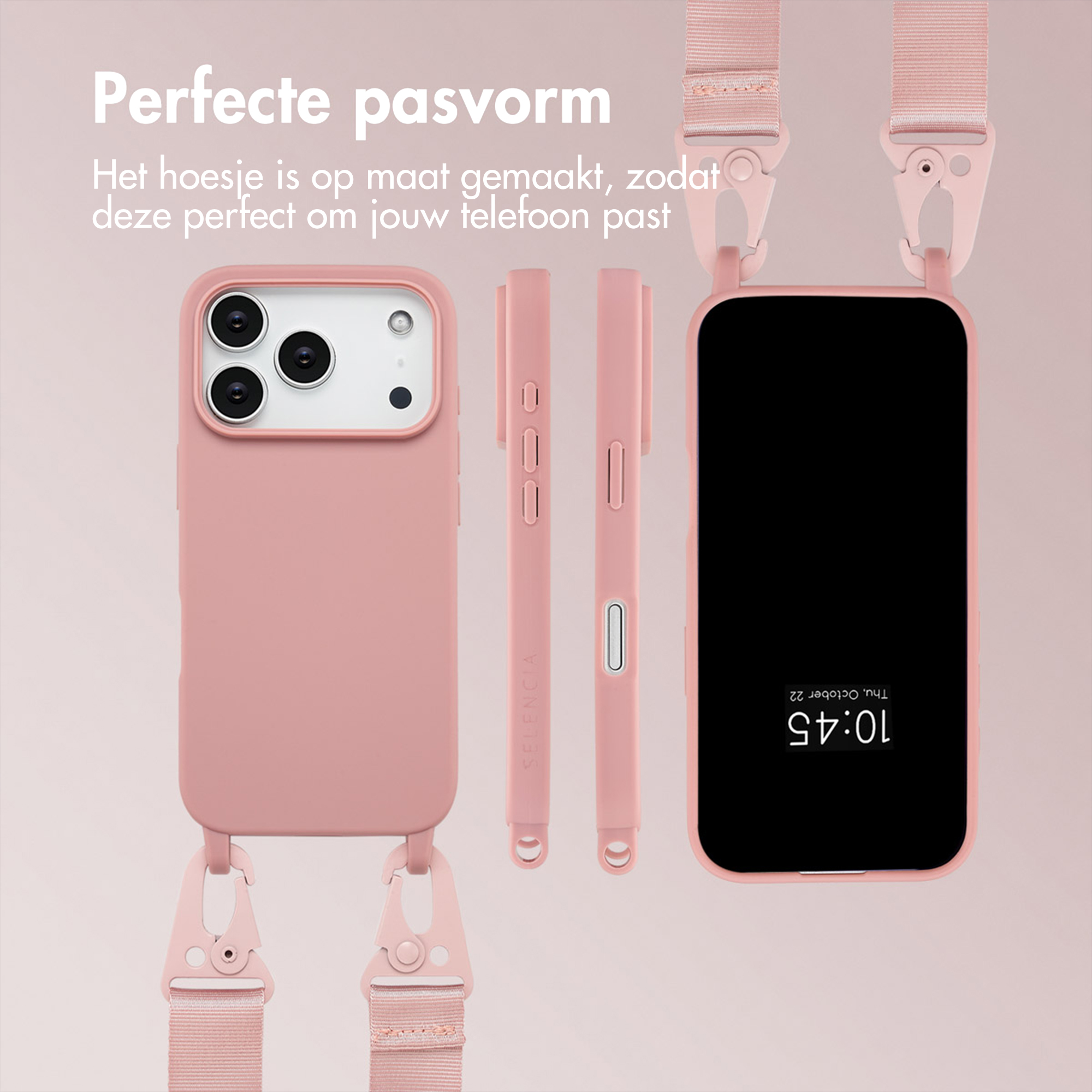 Custodia rosa per telefono con schermo nero che mostra l'ora. Ha un cinturino. Lo sfondo è rosa chiaro.