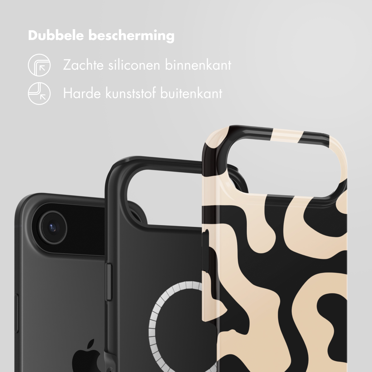 Drie telefoonhoesjes worden getoond: een zwarte hoes, een magnetische hoes en een met een zwart-beige patroon.