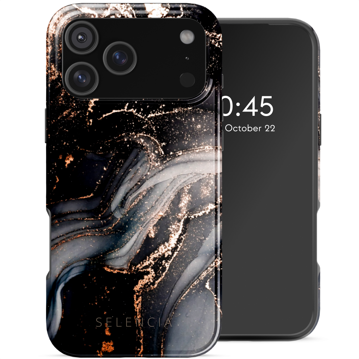 Een smartphone in een zwarte marmeren hoes met gouden accenten. Het scherm toont tijd en datum. SELENCIA staat onderaan gedrukt.