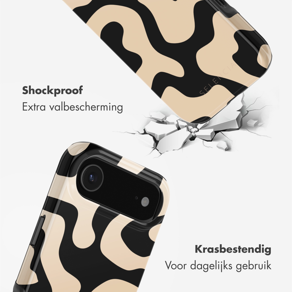 Twee telefoonhoesjes met abstract zwart en beige patroon, één breekt een oppervlak, tekst luidt 'schokbestendig' en 'krasbestendig'.