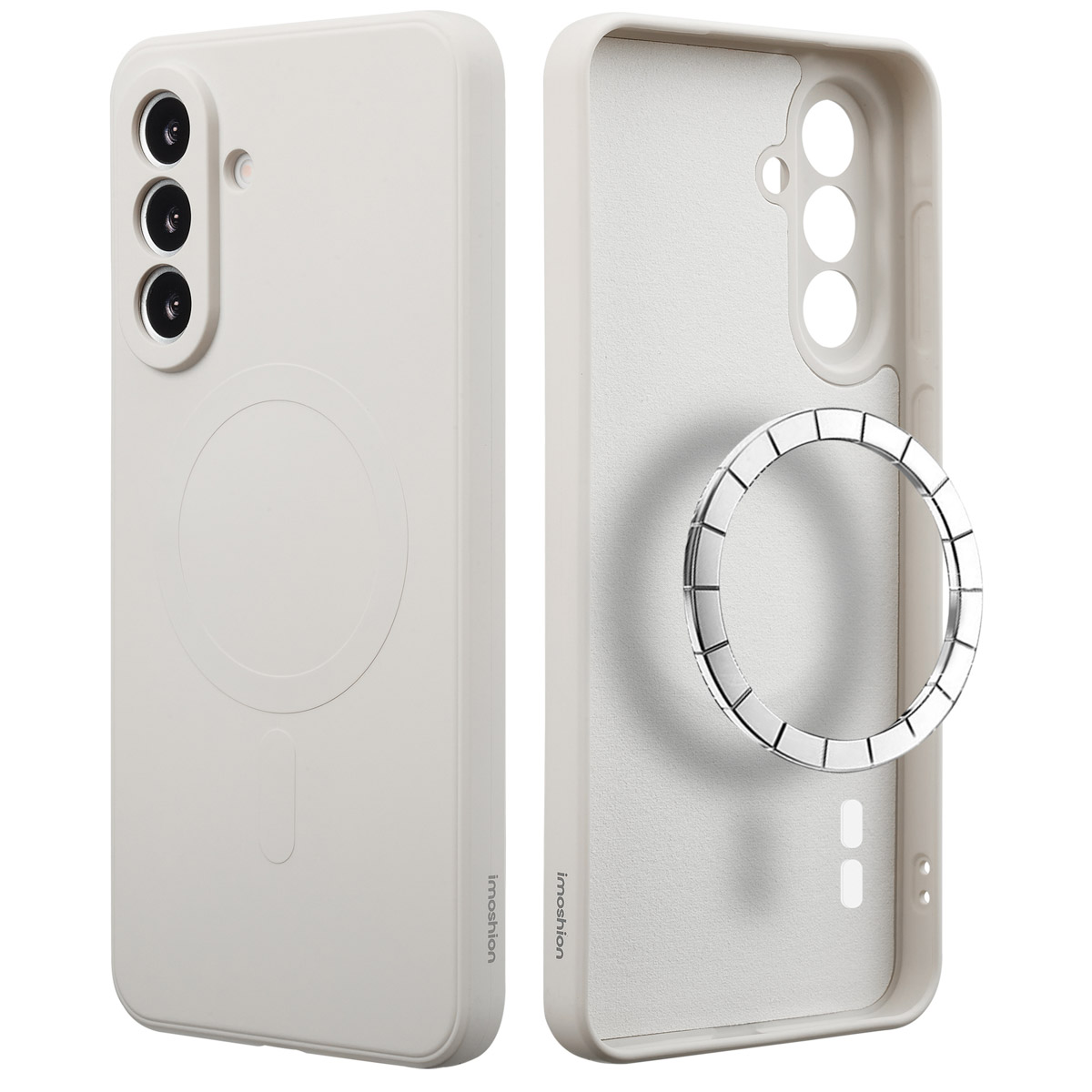 Twee lichtgrijze telefoonhoesjes. Eén toont de achterkant met camera-uitsparingen en een cirkel. De andere toont de binnenkant, met een ring.