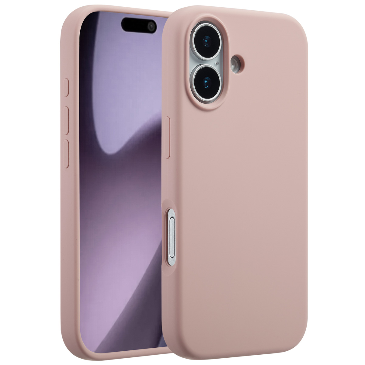 Une coque de téléphone rose avec un téléphone partiellement à l'intérieur. La coque a des découpes pour l'appareil photo et des boutons. Écran visible.