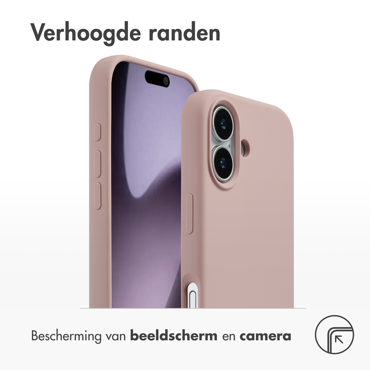 Une coque de téléphone rose et un téléphone sont montrés. La coque a des bords surélevés pour protéger l'écran et l'appareil photo. Le fond est blanc.