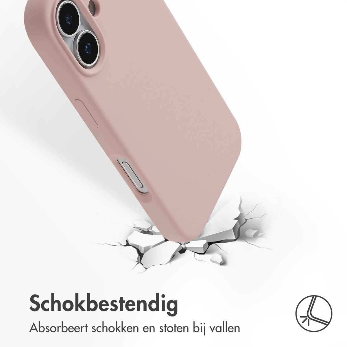 Une coque de téléphone rose brise une surface. La surface se fissure. Le texte indique 'Antichoc' et 'Absorbe les chocs et les bosses'.