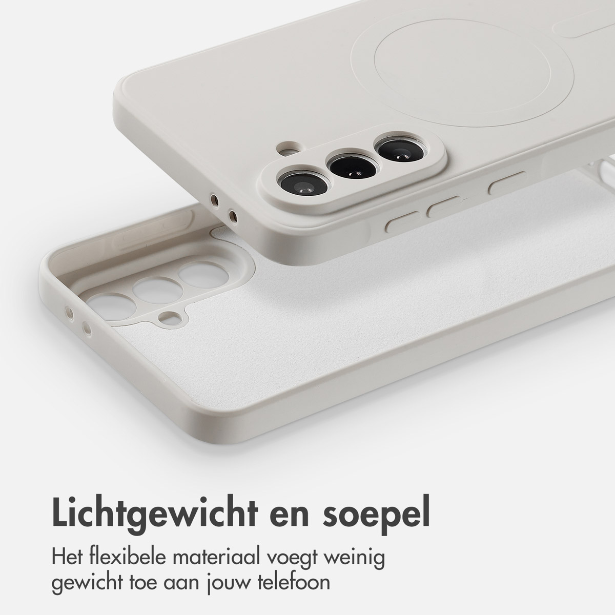 Tweedelige telefoonhoes in lichtgrijs. Bovenkant heeft camera-uitsparingen en een cirkelvormig detail. Onderkant is een schaal.