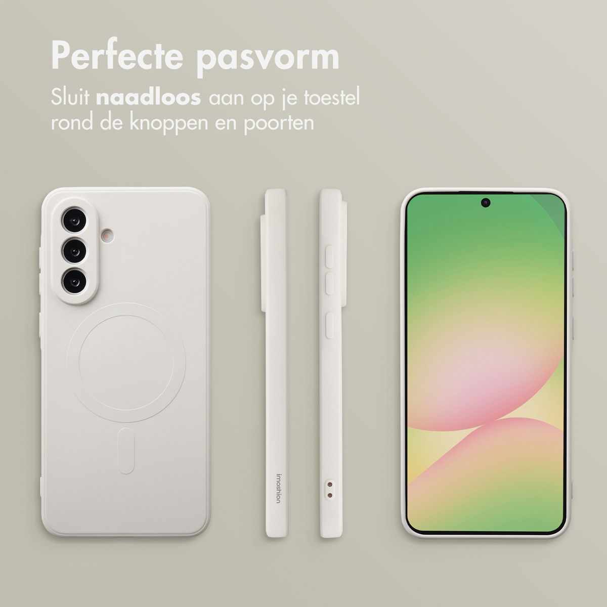 Witte telefoonhoes en telefoon met kleurrijk scherm. Twee zijaanzichten van de hoes naast de telefoon. Tekst bovenaan.