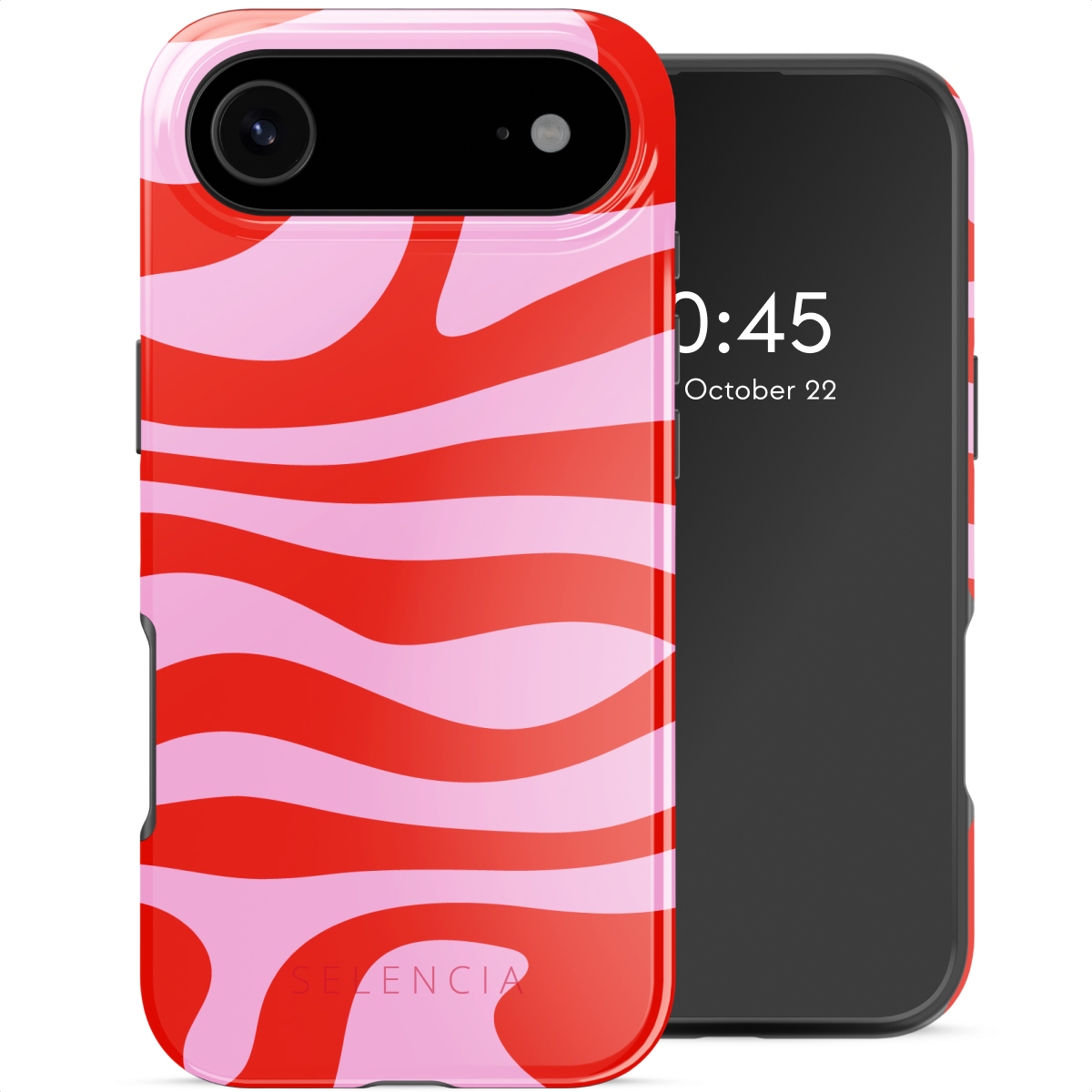 Een telefoon met een rood-roze golvende hoes. De telefoon toont de tijd, 0:45, en de datum, 22 oktober.