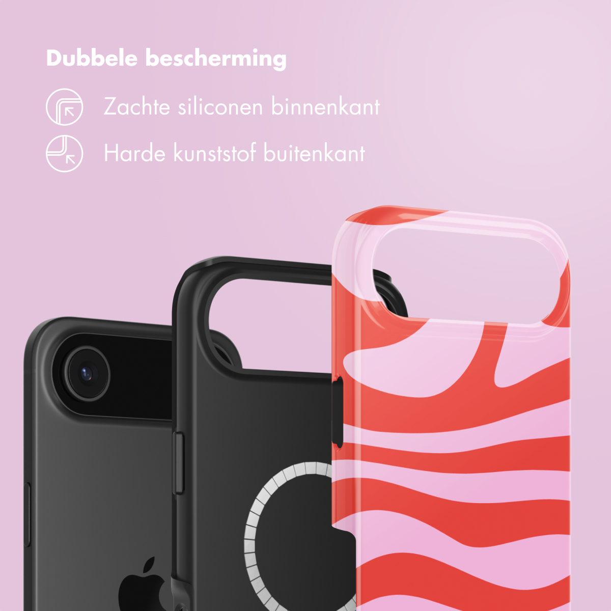Drie telefoonhoesjes: zwart, zwart met een witte cirkel en een rood-roze wervelontwerp. Roze achtergrond met tekst.