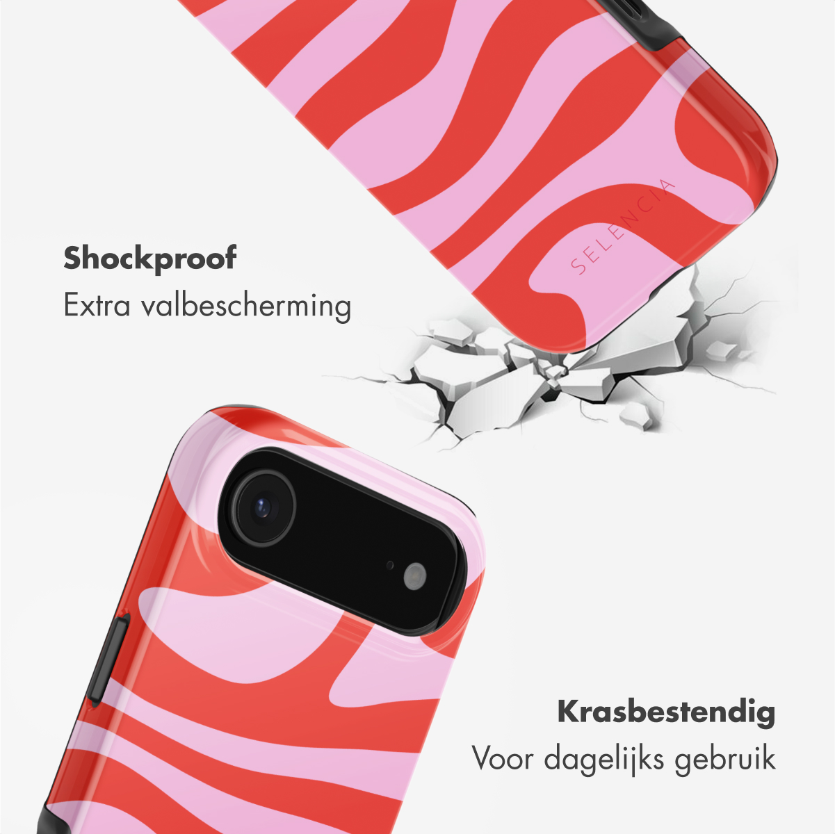 Twee telefoonhoesjes met rode en roze golfpatronen. Eén lijkt een oppervlak te verbrijzelen. Tekst luidt 'Shockproof' en 'Krasbestendig'.