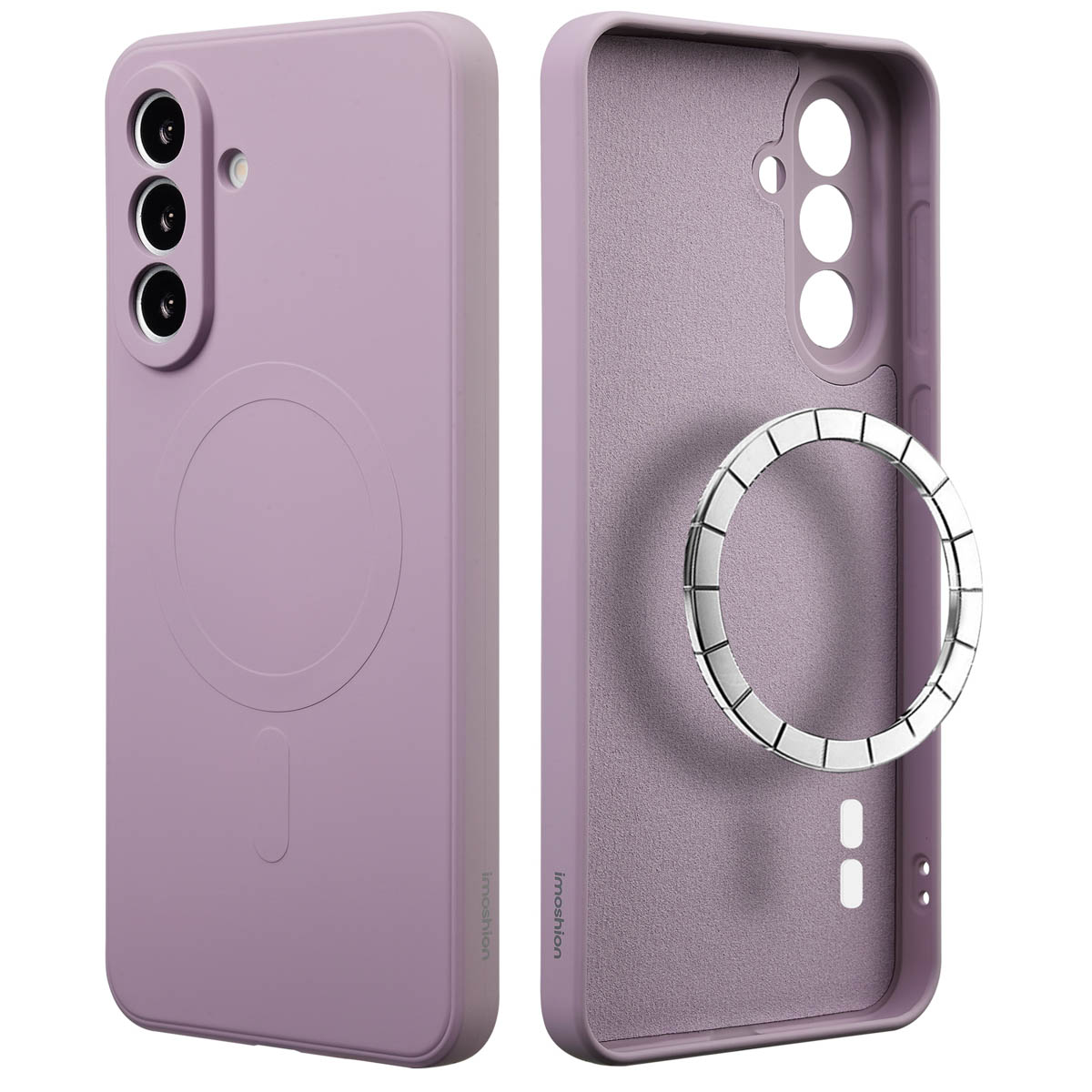 Twee lavendelkleurige telefoonhoesjes, een die de buitenkant laat zien met camera-uitsparingen, de andere de binnenkant met een zilveren ring.