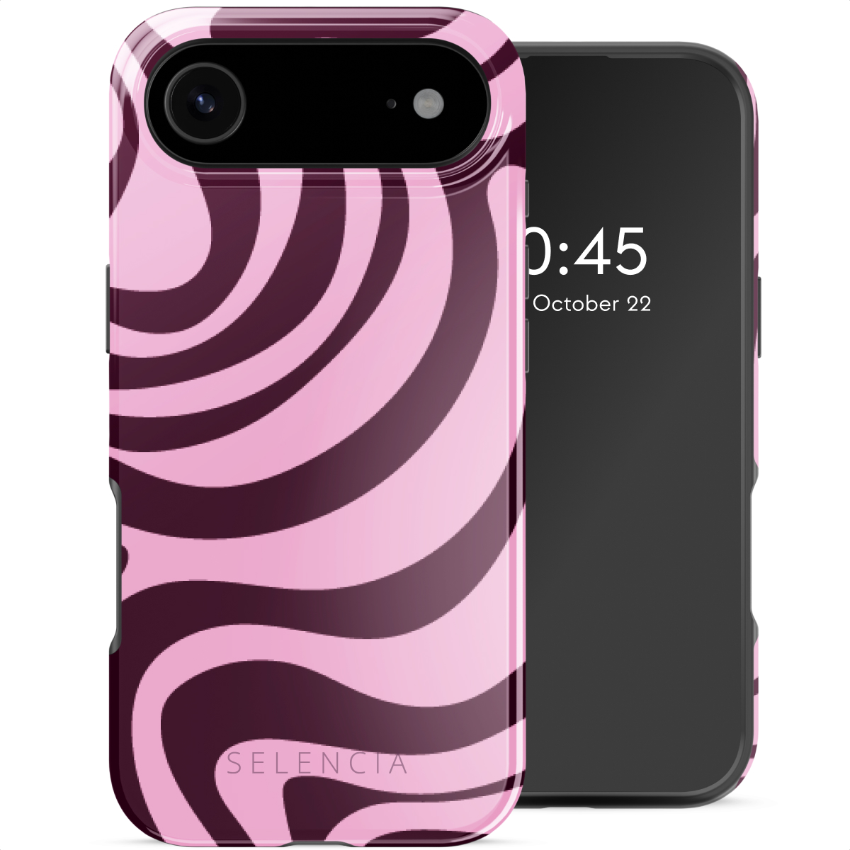 Een telefoon in een roze en donkerpaarse wervelende hoes met de tijd 0:45 weergegeven. De hoes is van Selencia. 22 oktober is zichtbaar.