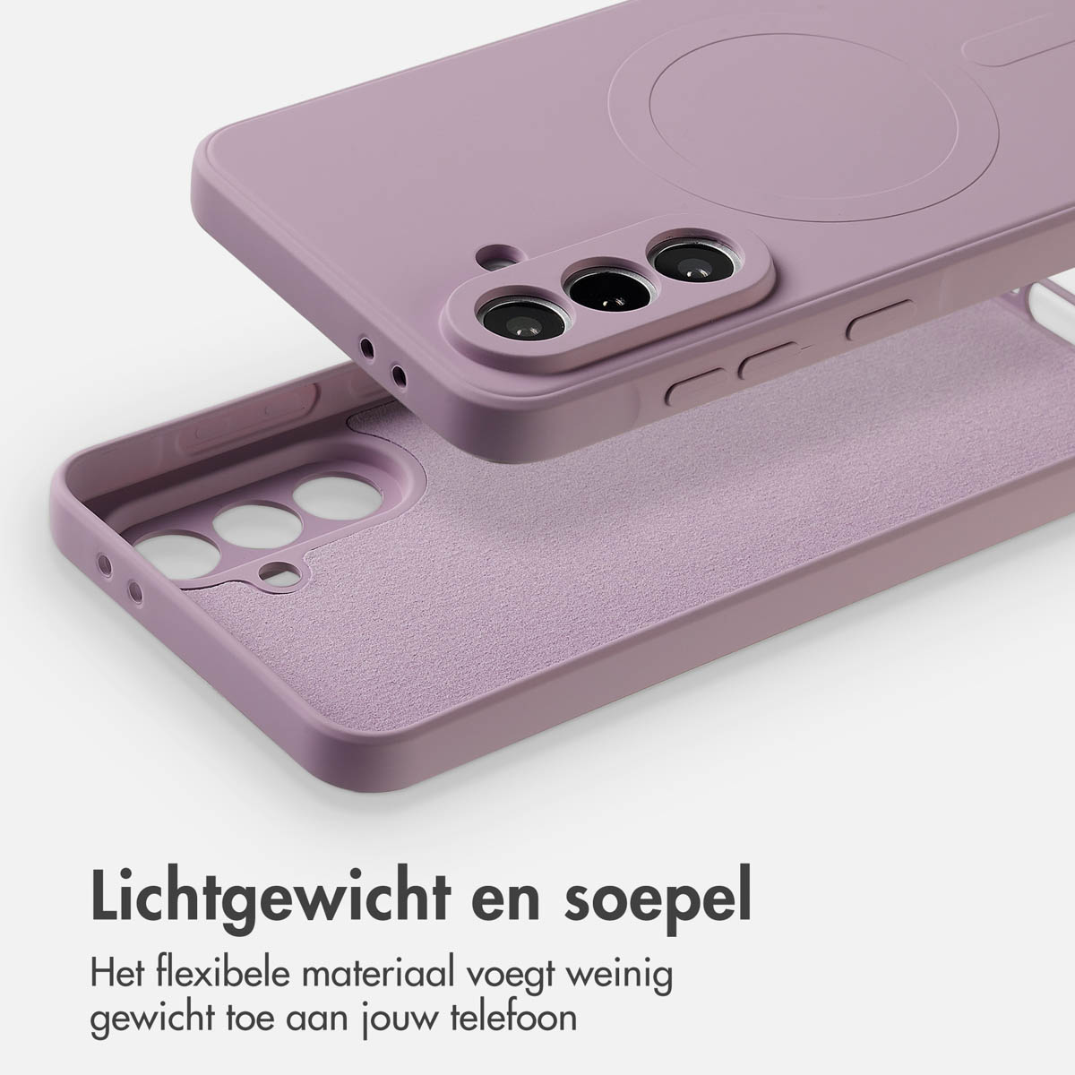 Close-up van een lavendelkleurige telefoonhoes. De hoes is gemaakt van flexibel materiaal en de tekst 'Lichtgewicht en soepel' is zichtbaar.