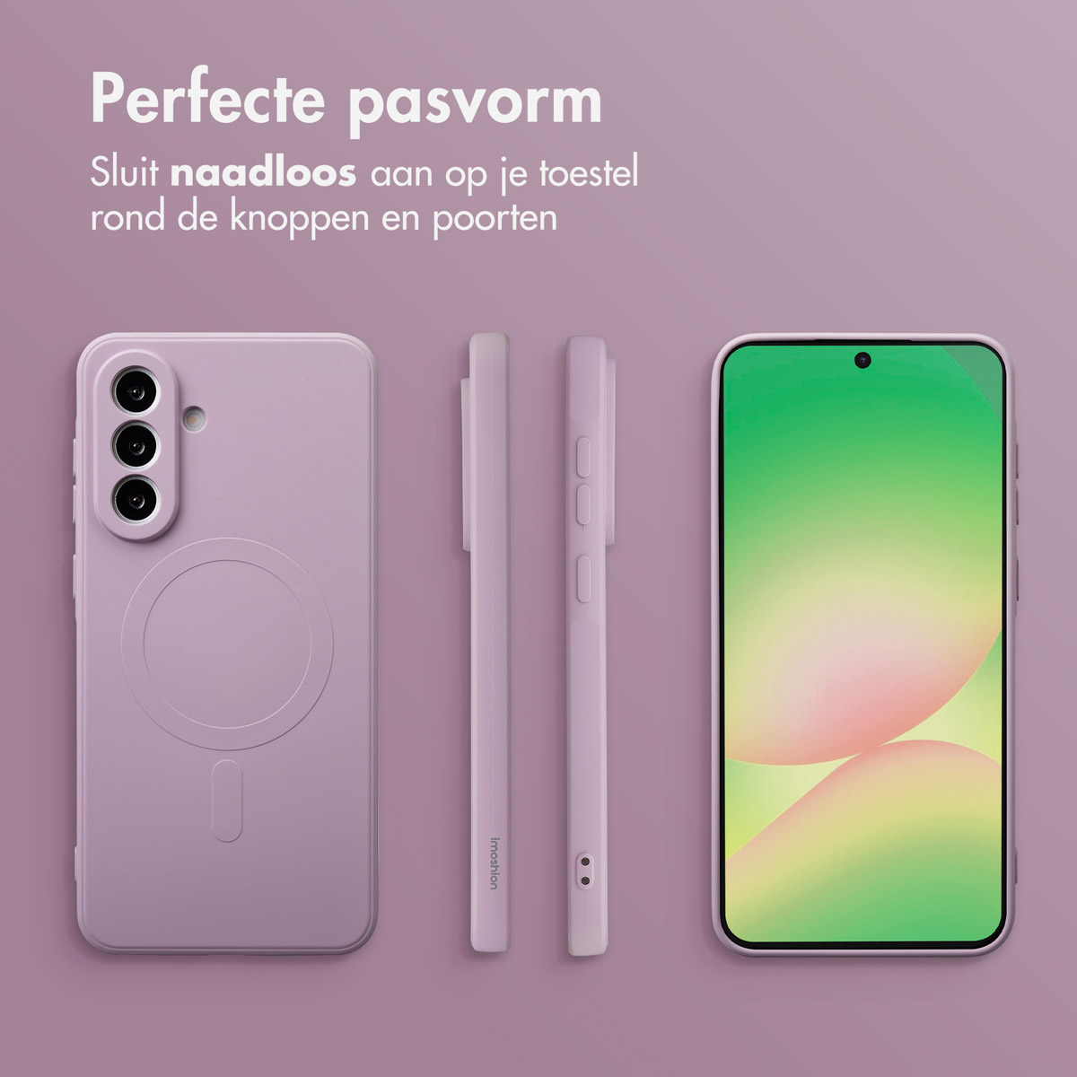 Een telefoonhoesje en twee stylussen worden weergegeven. Rechts is een telefoon met een kleurrijk scherm. Alle items zijn lavendel.