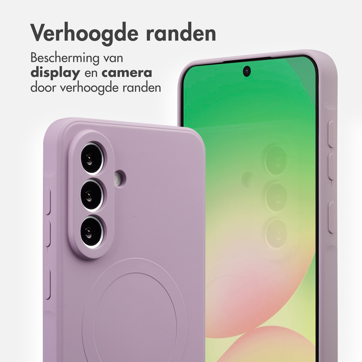 Twee paarse telefoonhoesjes. Eén toont de camera en de andere het scherm. Nederlandse tekst promoot verhoogde randen voor bescherming.