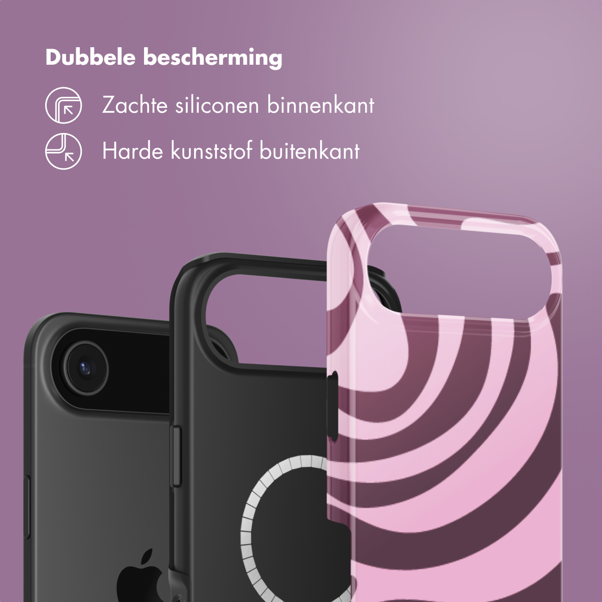 Drie telefoonhoesjes: zwart, zwart met witte cirkel en roze golfpatroon. De achtergrond is paars.