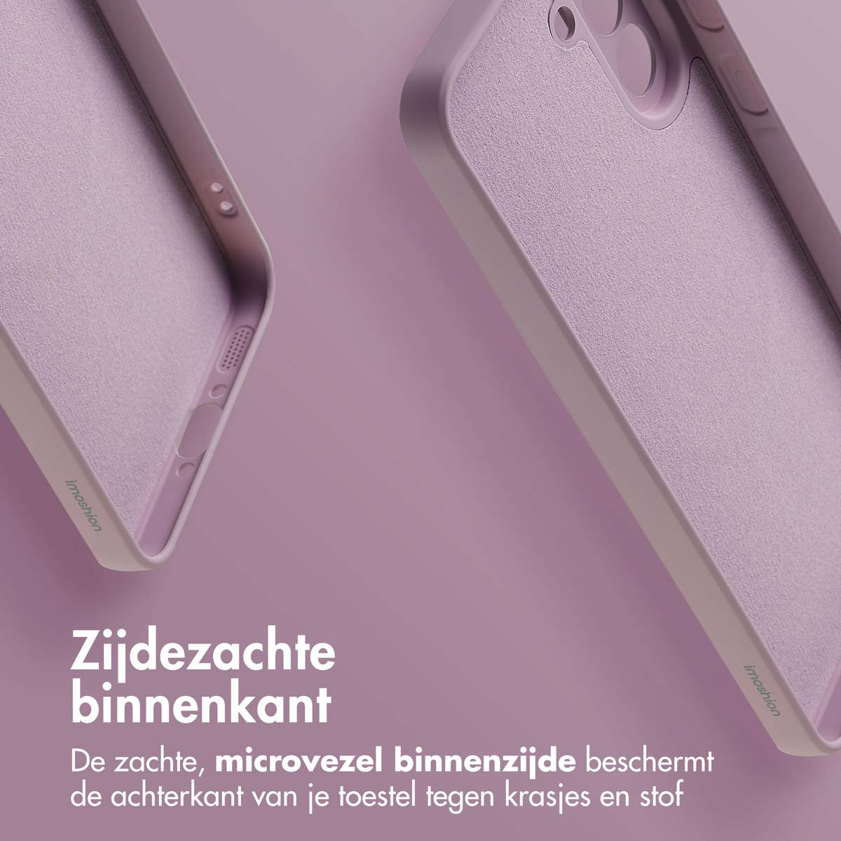 Close-up van twee paarse telefoonhoesjes. Eén toont de binnenkant met luidsprekergaten, de ander het getextureerde oppervlak.