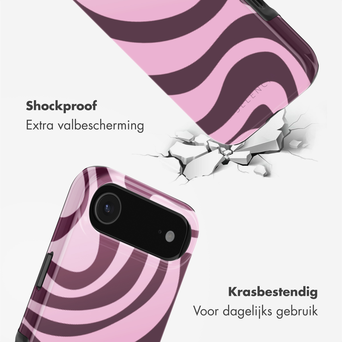 Afbeelding toont twee telefoonhoesjes met golfpatronen. Eén valt, breekt de grond. Tekst: 'Schokbestendig' en 'Krasbestendig'.