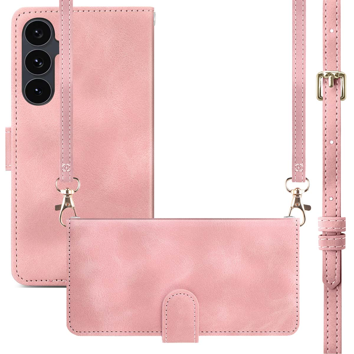 Un étui de téléphone en cuir rose avec une sangle et un design portefeuille. L'étui a des détails de couture et un fermoir doré.