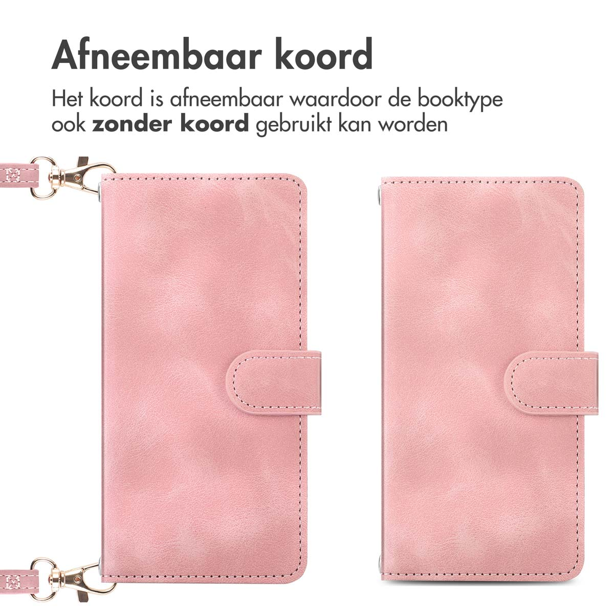 Étui de téléphone rose avec cordon amovible, texte en néerlandais au-dessus. Deux étuis identiques sont montrés.