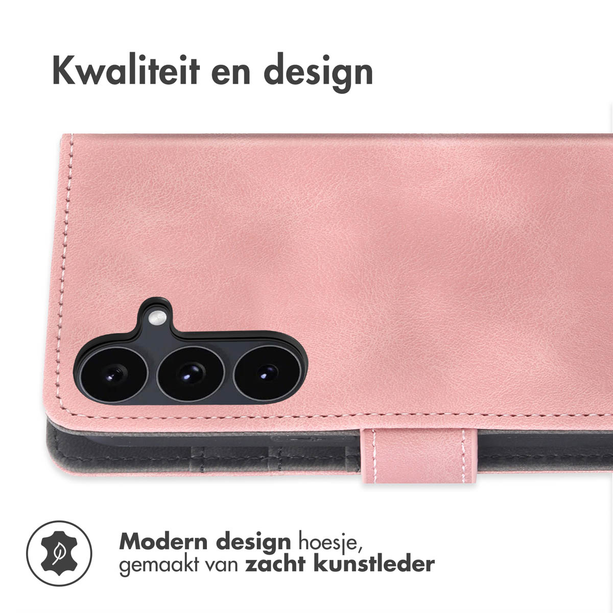 Un étui de téléphone rose avec une découpe pour l'appareil photo et une sangle magnétique. Texte : 'Kwaliteit en design' et 'Modern design hoesje, gemaakt van zacht kunstleder'.