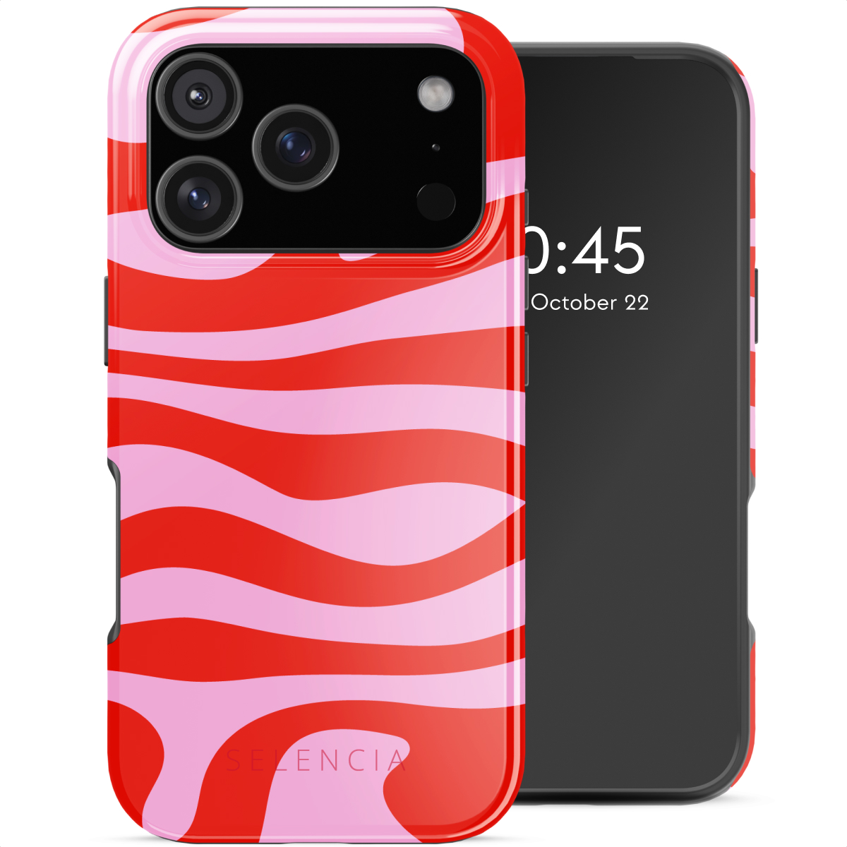 Een smartphonehoesje met rode en roze golvende strepen. Het scherm toont tijd en datum. De hoes is gelabeld 'SELENCIA'.