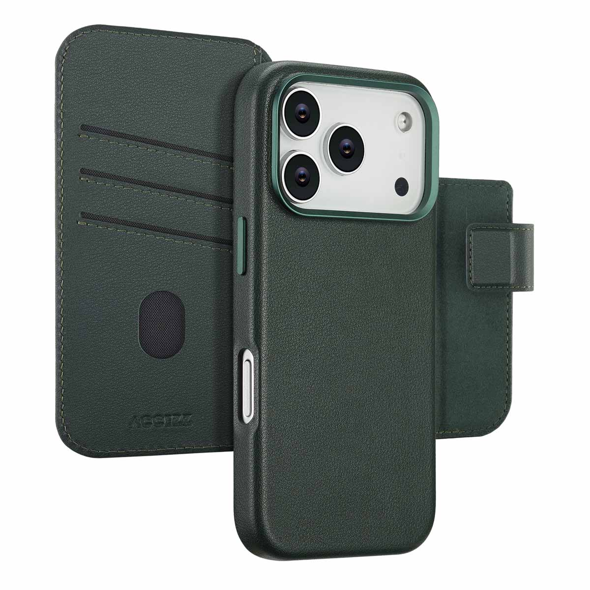 Een groene telefoonhoes met een portemonnee eraan. De hoes heeft drie cameralenzen en een magnetische sluiting. Een kaartsleuf is zichtbaar.