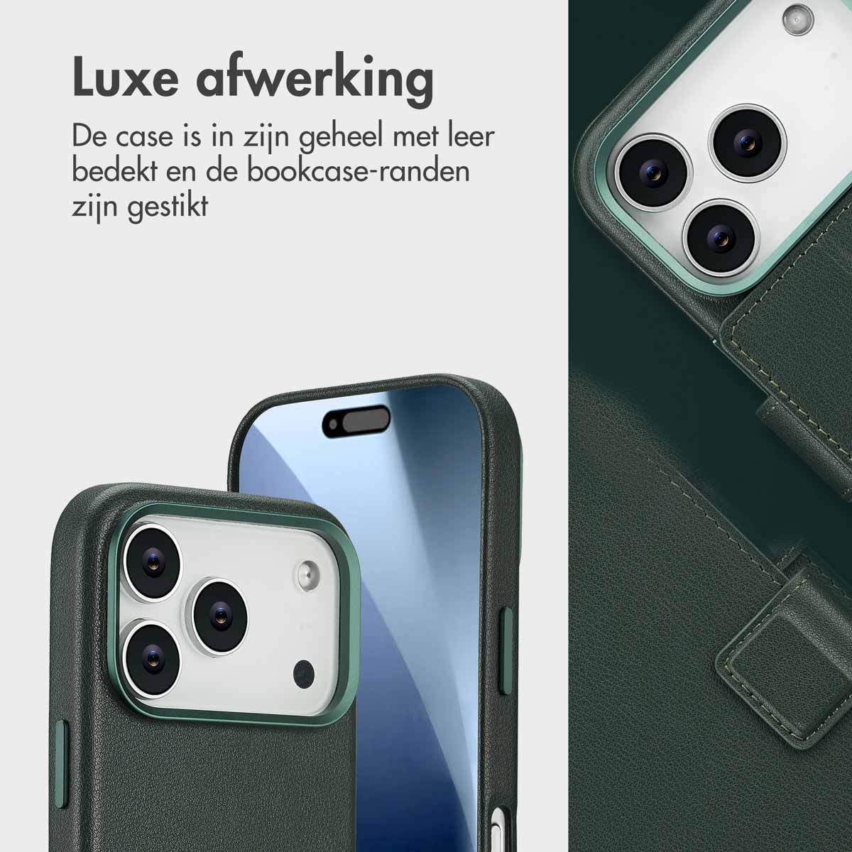 Close-up van een telefoon in een groene leren hoes. De hoes is gestikt, met een uitsparing voor de camera. De achtergrond is een groene leertextuur.