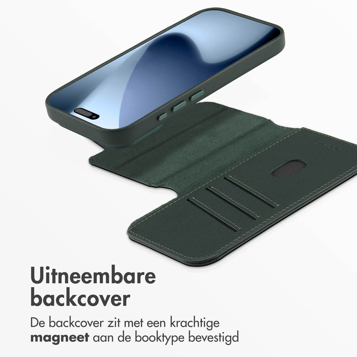 Een groene telefoonhoes met telefoon erin, open. Tekst: 'Verwijderbare achterkant' en beschrijving magnetische bevestiging.