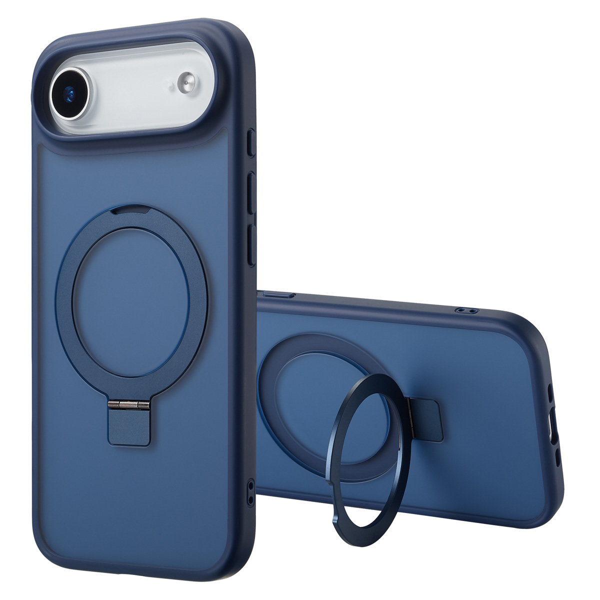 Twee blauwe telefoonhoesjes met ringhouders. Eén staat rechtop, de andere ligt. Beide hebben camera-uitsparingen en knoppen aan de zijkanten.